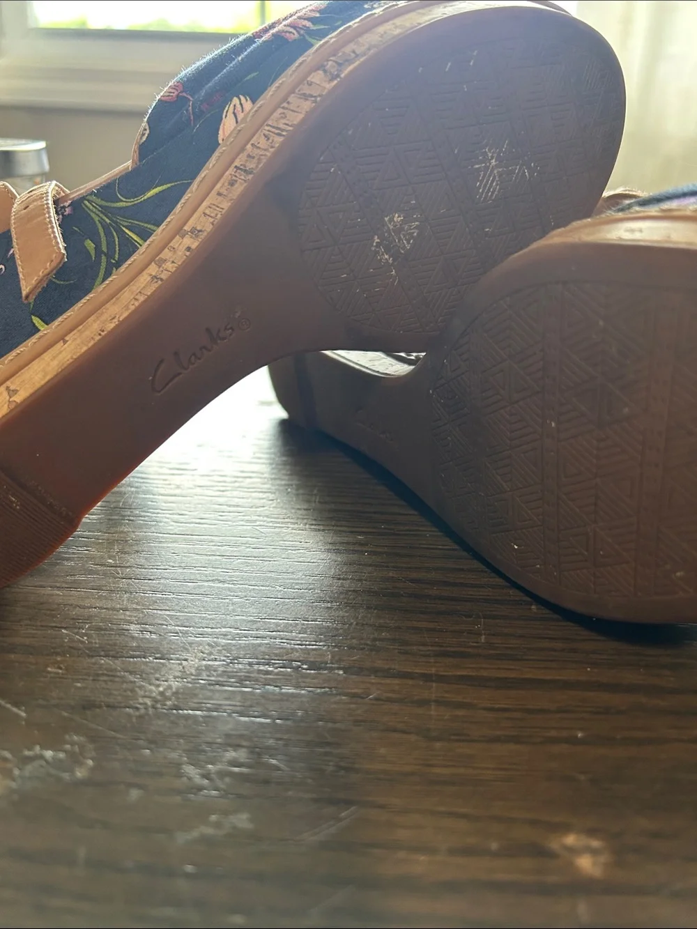 Clarks Navy Floral Bow Wedge Sandals with Tan Straps